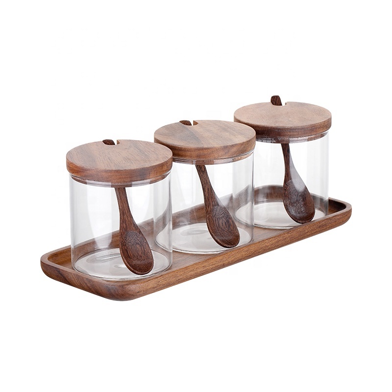 Food Sealed Cans Cereal Storage High Borosilicate Bamboo Lid Glass Jar With Spoon