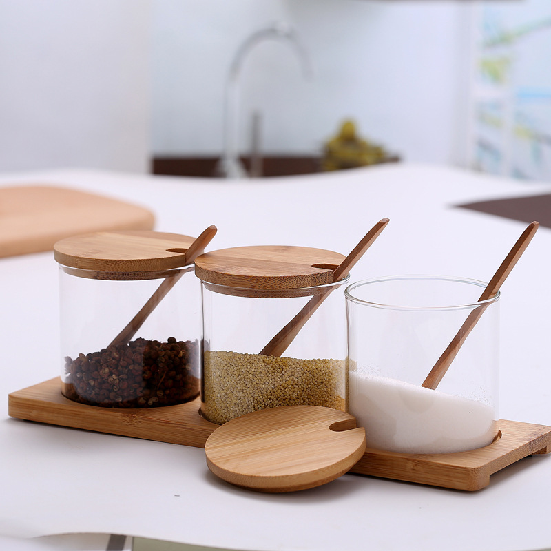 Food Sealed Cans Cereal Storage High Borosilicate Bamboo Lid Glass Jar With Spoon