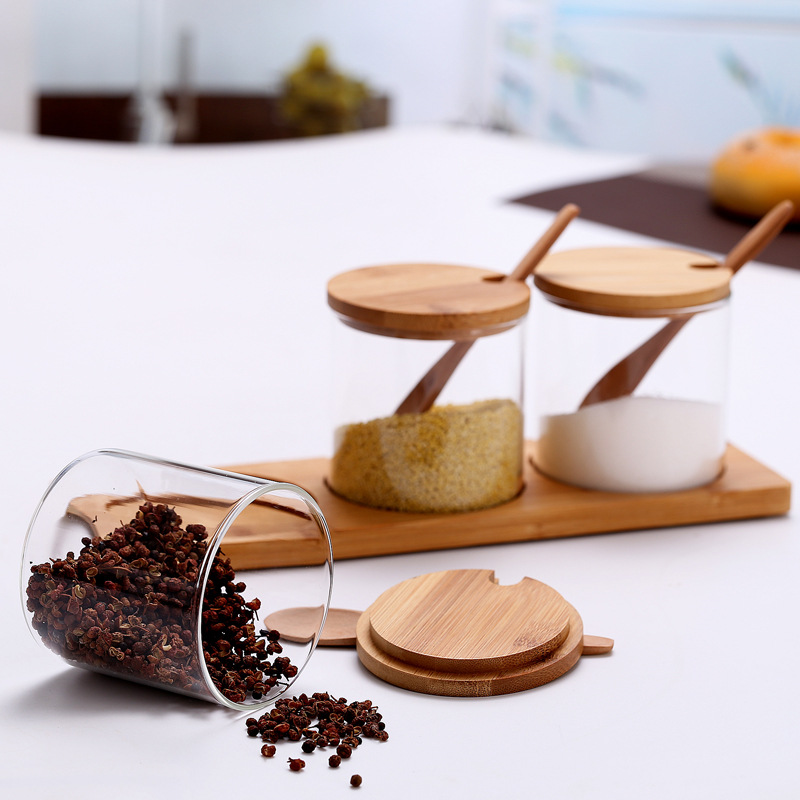 Food Sealed Cans Cereal Storage High Borosilicate Bamboo Lid Glass Jar With Spoon