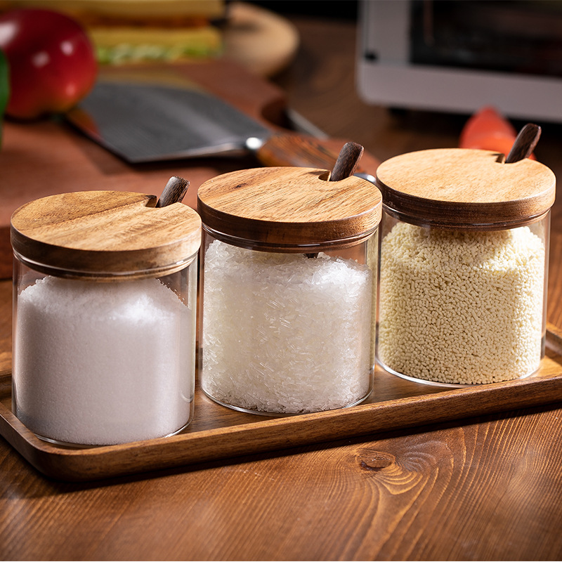 Food Sealed Cans Cereal Storage High Borosilicate Bamboo Lid Glass Jar With Spoon