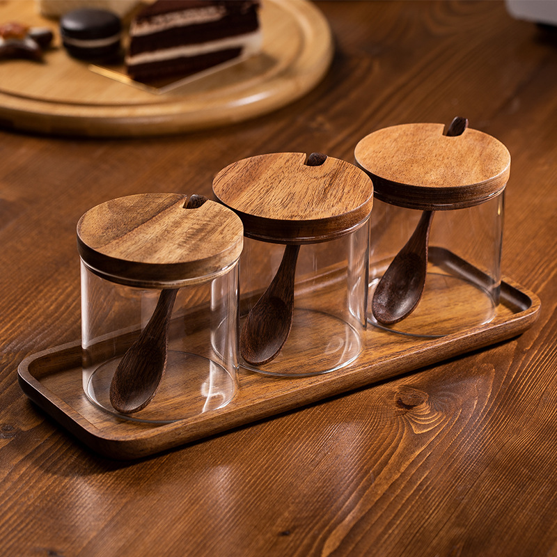 Food Sealed Cans Cereal Storage High Borosilicate Bamboo Lid Glass Jar With Spoon