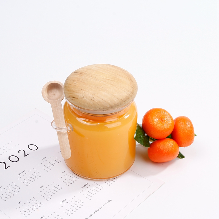 Food Standard Glass Jar for Sauce Jam Glass Honey Jars With Wood Lid and Spoon
