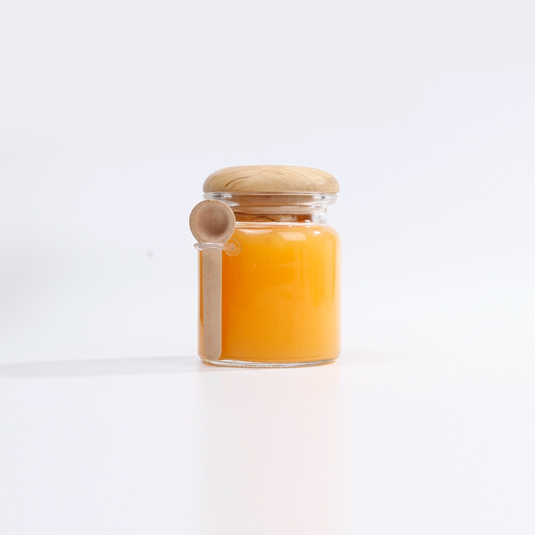 Food Standard Glass Jar for Sauce Jam Glass Honey Jars With Wood Lid and Spoon