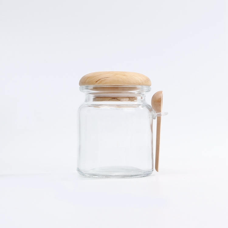 Food Standard Glass Jar for Sauce Jam Glass Honey Jars With Wood Lid and Spoon