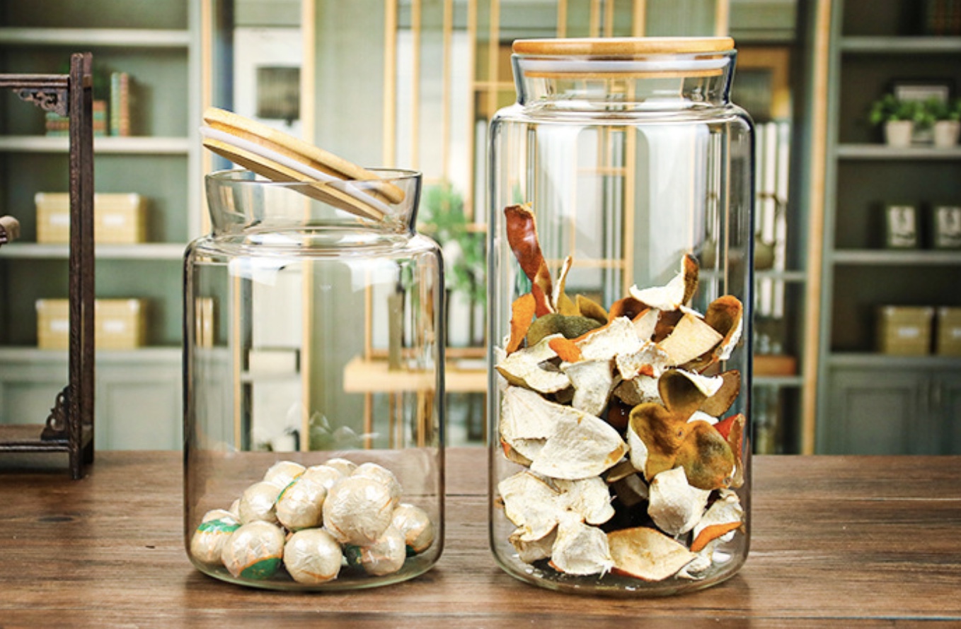 Food Storage Canister Airtight Round Bamboo Lid Glass Jar Pasta Glass Container With Wood Lid - Buy Glass Jar Bamboo Wooden Lid