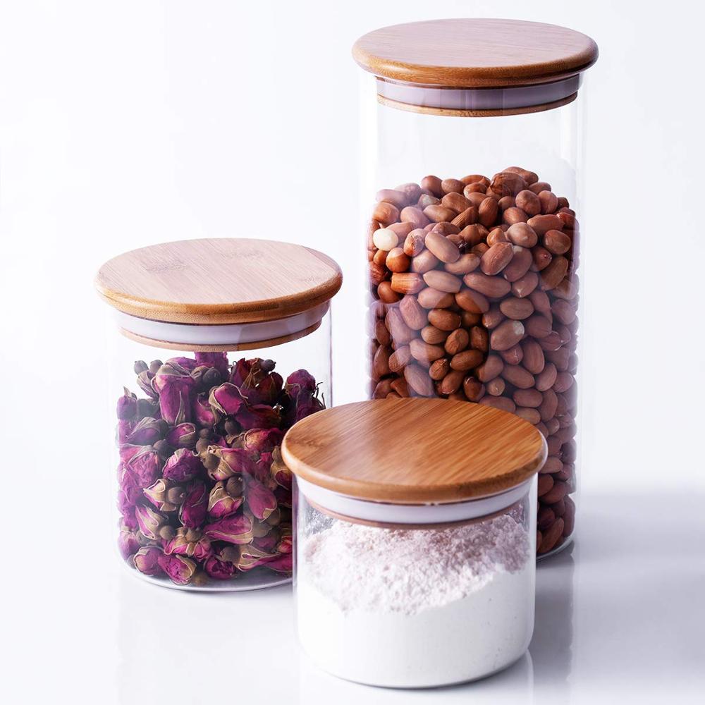 Food Storage Canister Clear Borosilicate Glass Jar With Wooden Lid
