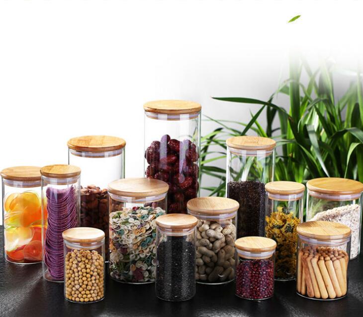 Food Storage Canister For Kitchen Spices Hermetic Clear Glass Jars With Bamboo Cover Serving Nuts Tea Grains Pantry Organization