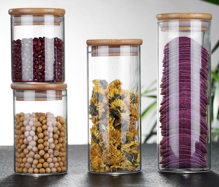 Food Storage Canister For Kitchen Spices Hermetic Clear Glass Jars With Bamboo Cover Serving Nuts Tea Grains Pantry Organization