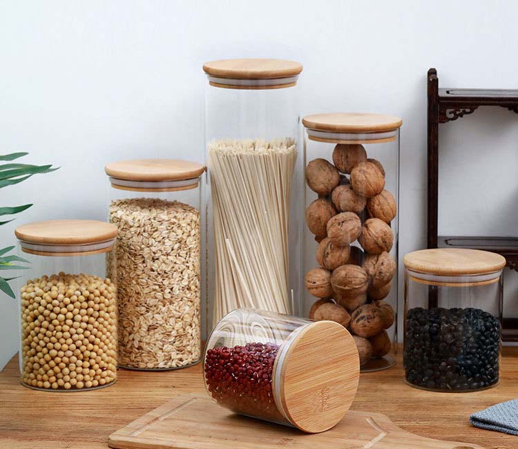 Food Storage Canister For Kitchen Spices Hermetic Clear Glass Jars With Bamboo Cover Serving Nuts Tea Grains Pantry Organization