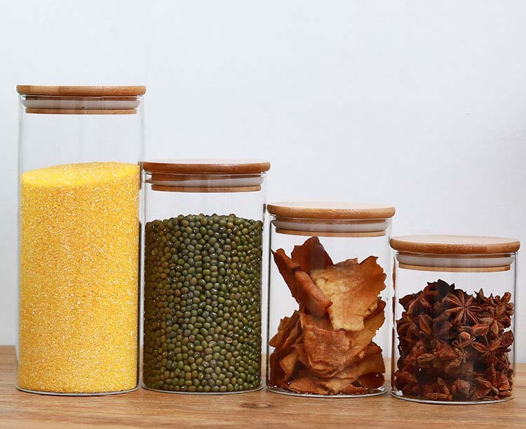 Food Storage Canister For Kitchen Spices Hermetic Clear Glass Jars With Bamboo Cover Serving Nuts Tea Grains Pantry Organization