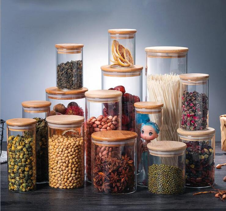 Food Storage Containers Heat Resistant Borosilicate Glass Jars With Bamboo Cover Hermetic Canister For Pantry Kitchen Spice Tea