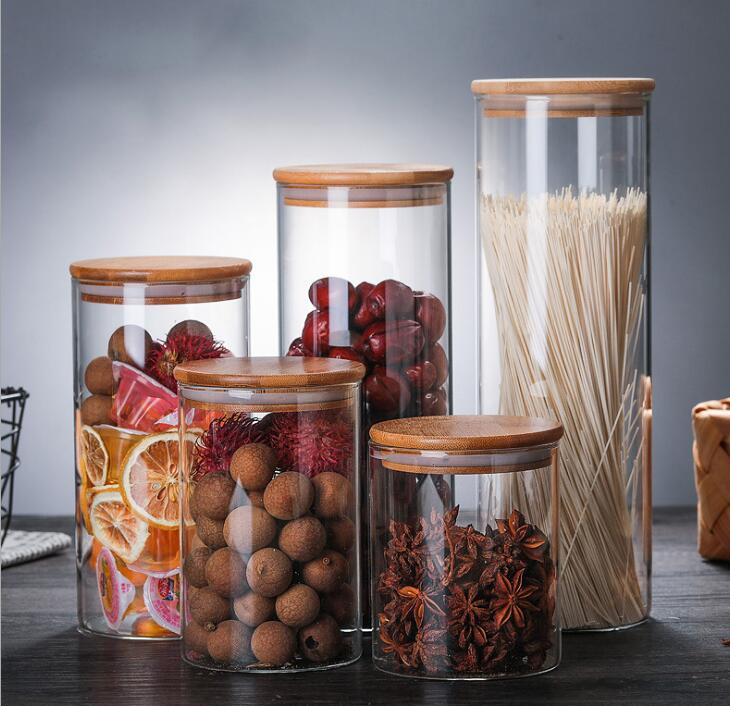 Food Storage Containers Heat Resistant Borosilicate Glass Jars With Bamboo Cover Hermetic Canister For Pantry Kitchen Spice Tea