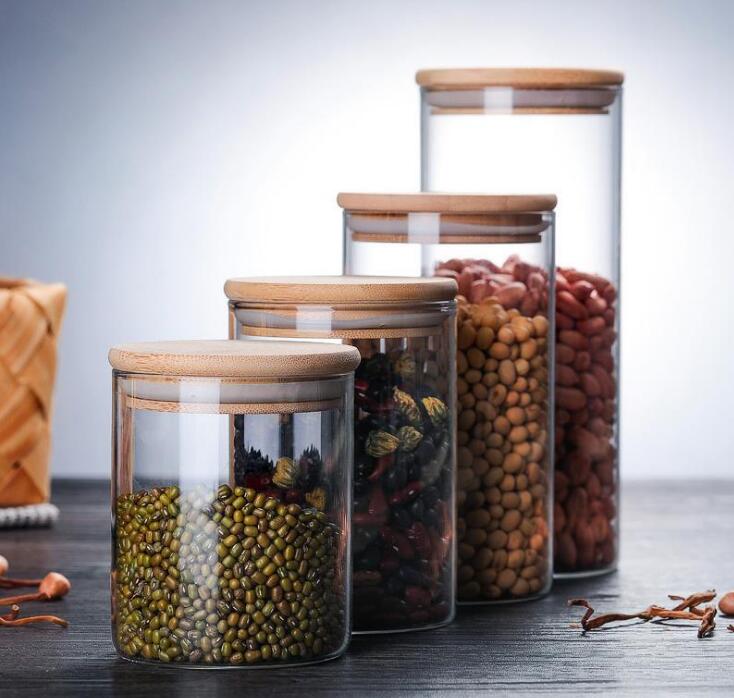 Food Storage Containers Heat Resistant Borosilicate Glass Jars With Bamboo Cover Hermetic Canister For Pantry Kitchen Spice Tea