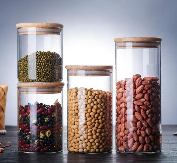 Food Storage Containers Heat Resistant Borosilicate Glass Jars With Bamboo Cover Hermetic Canister For Pantry Kitchen Spice Tea