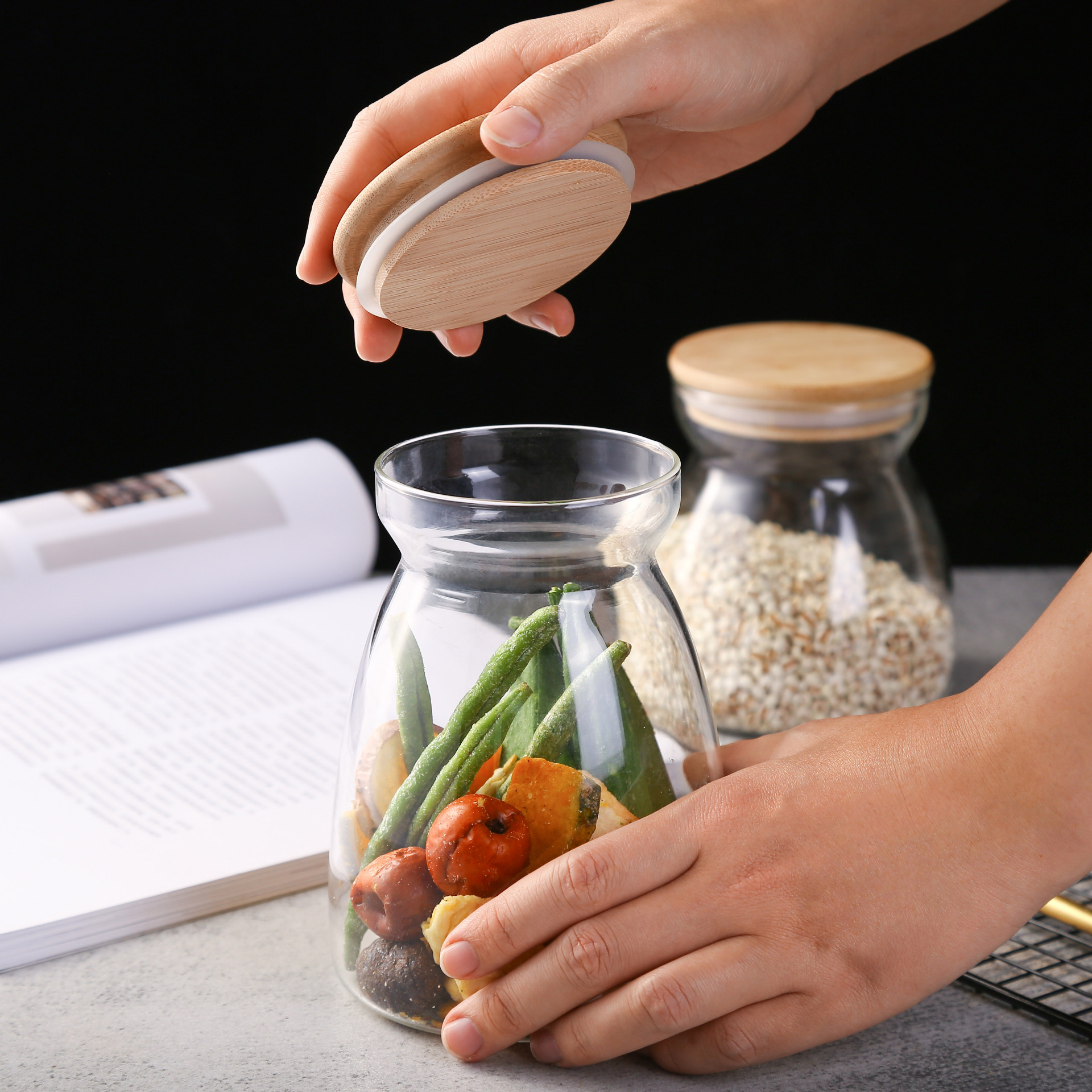 Food Storage Glass Jars Glass with Bamboo Lid and Silicone Ring