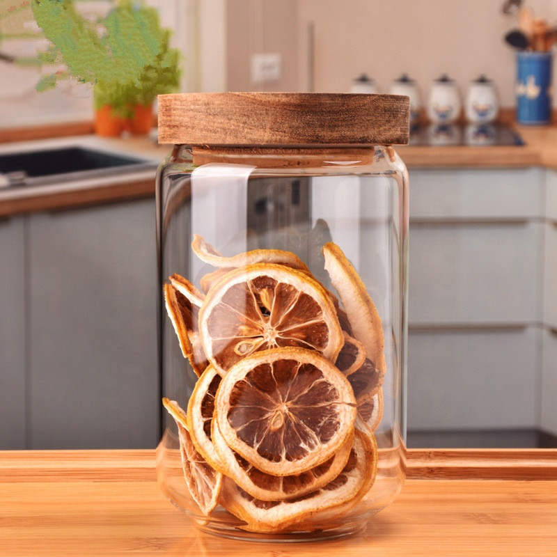 Food containe clear round glass food storage jar with wooden lid