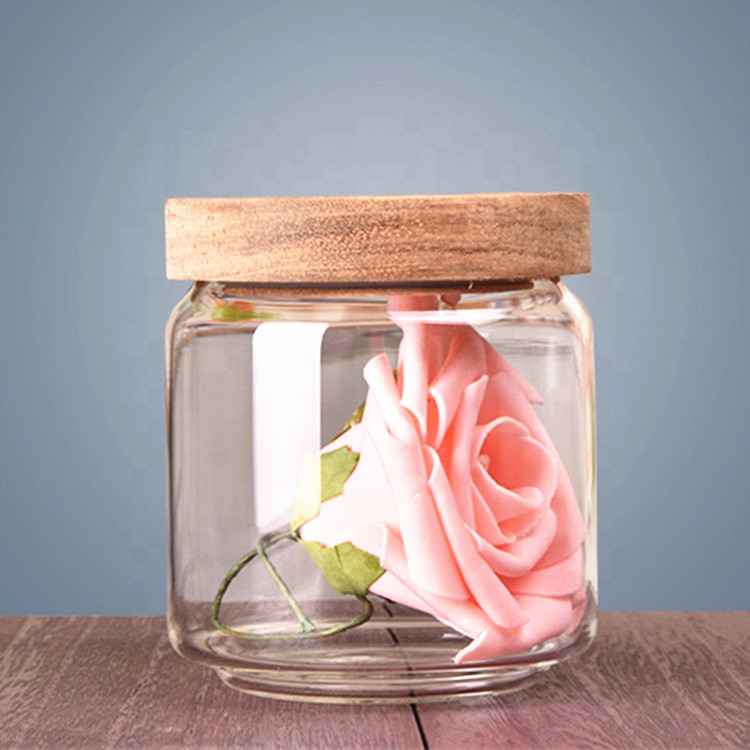 Food containe clear round glass food storage jar with wooden lid