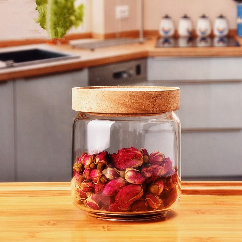 Food container wooden top clear round glass food storage jar with bamboo lid
