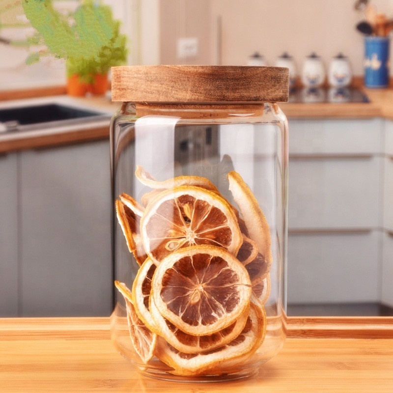 Food container wooden top clear round glass food storage jar with bamboo lid