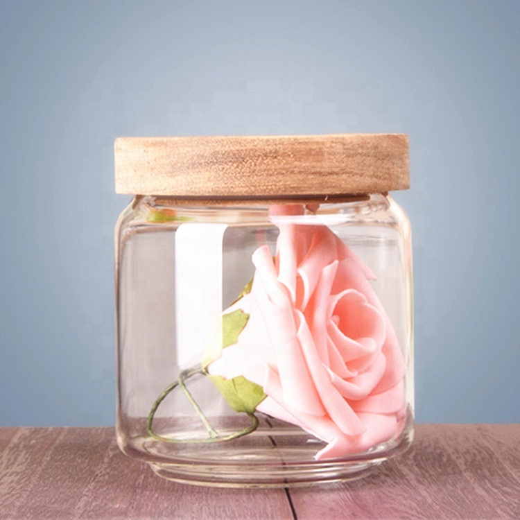 Food container wooden top clear round glass food storage jar with bamboo lid