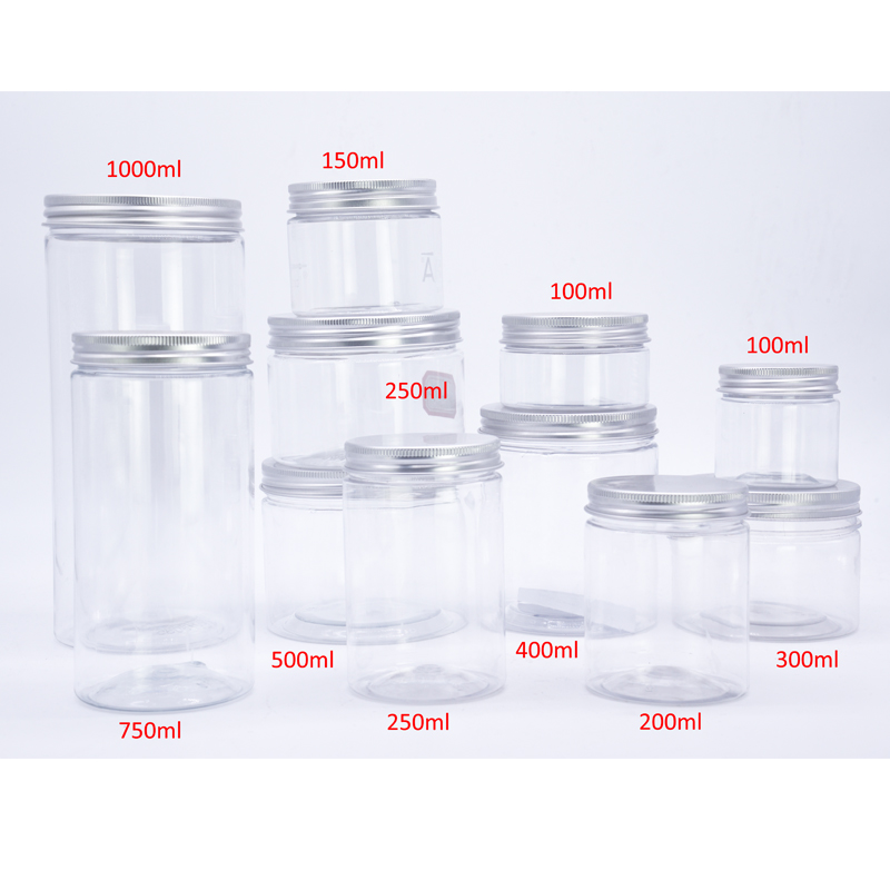 Food grade 100ML 150ML 200ML 300ML 400ML 500ML 750ML 1000ML clear PET plastic food jar with aluminum plastic screw cap