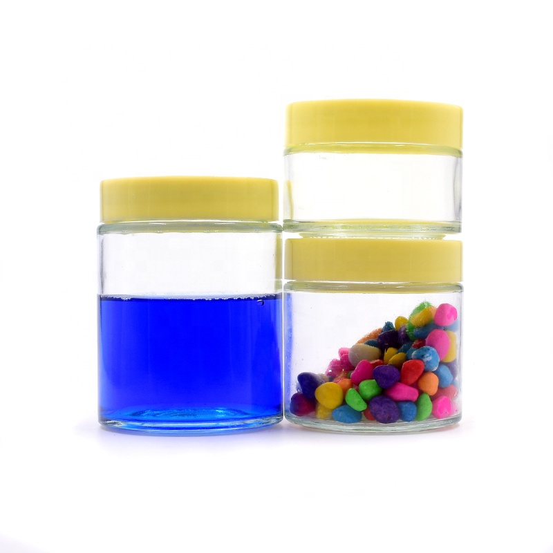 Food grade 10oz clear round herbs child proof resistant flower glass jars cream jar sealed weed cbd glass jar with plastic lid