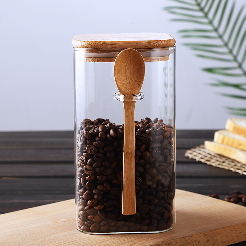 Food grade 1500ml big coffee tea glass jar with wooden lid and spoon