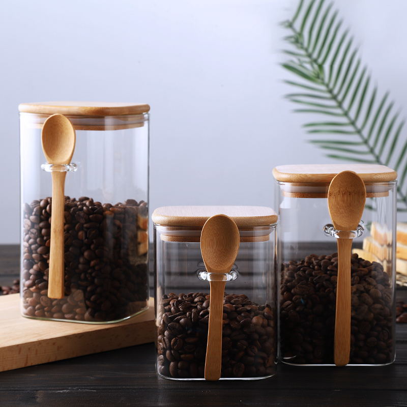 Food grade 1500ml big coffee tea glass jar with wooden lid and spoon