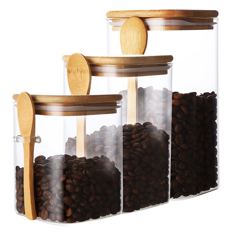Food grade 1500ml big coffee tea glass jar with wooden lid and spoon
