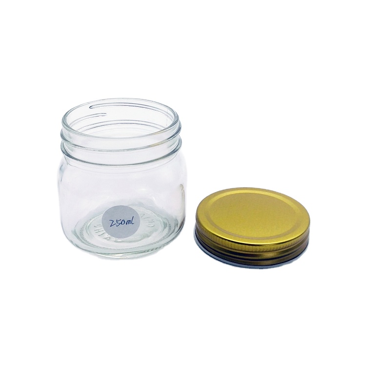 Food grade 250ml empty clear glass mason jar with 70mm golden screw cap for strawberry jam peanut butter