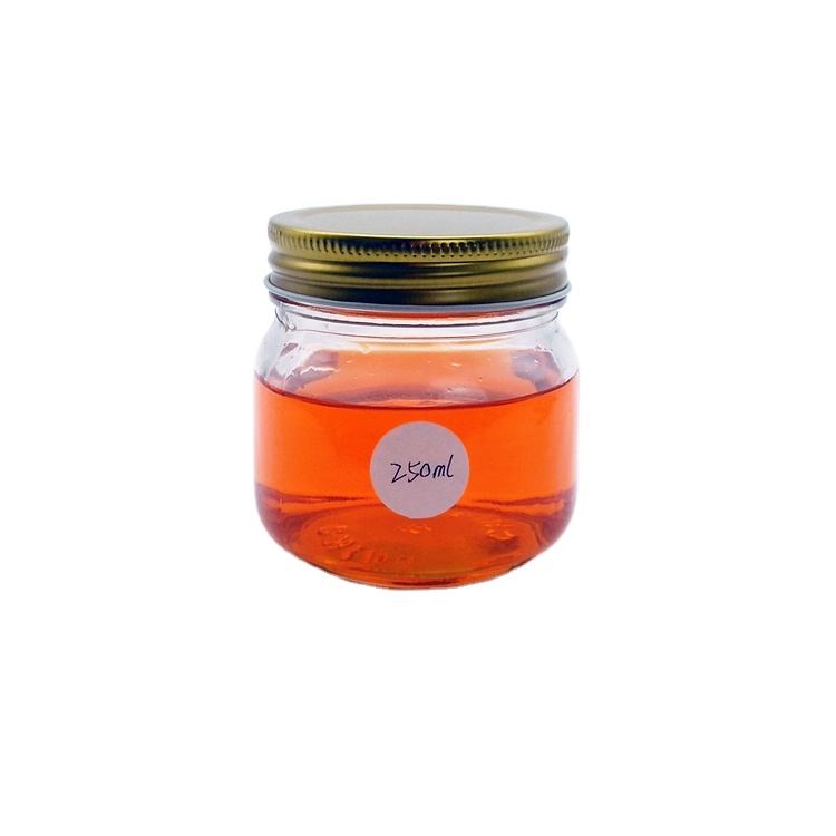 Food grade 250ml empty clear glass mason jar with 70mm golden screw cap for strawberry jam peanut butter