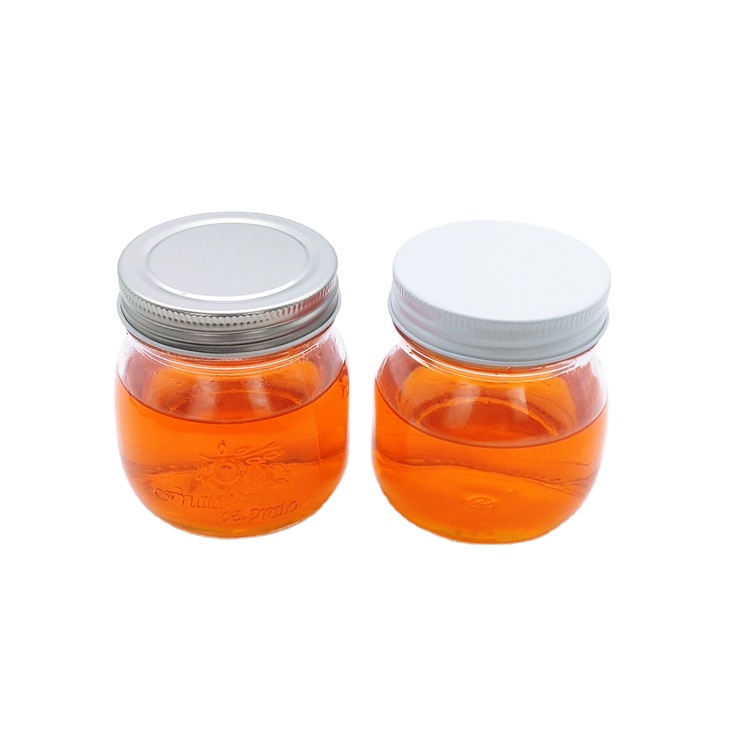 Food grade 300ml clear embossed glass jar with 70mm screw cap for peanut butter strawberry jam sauce