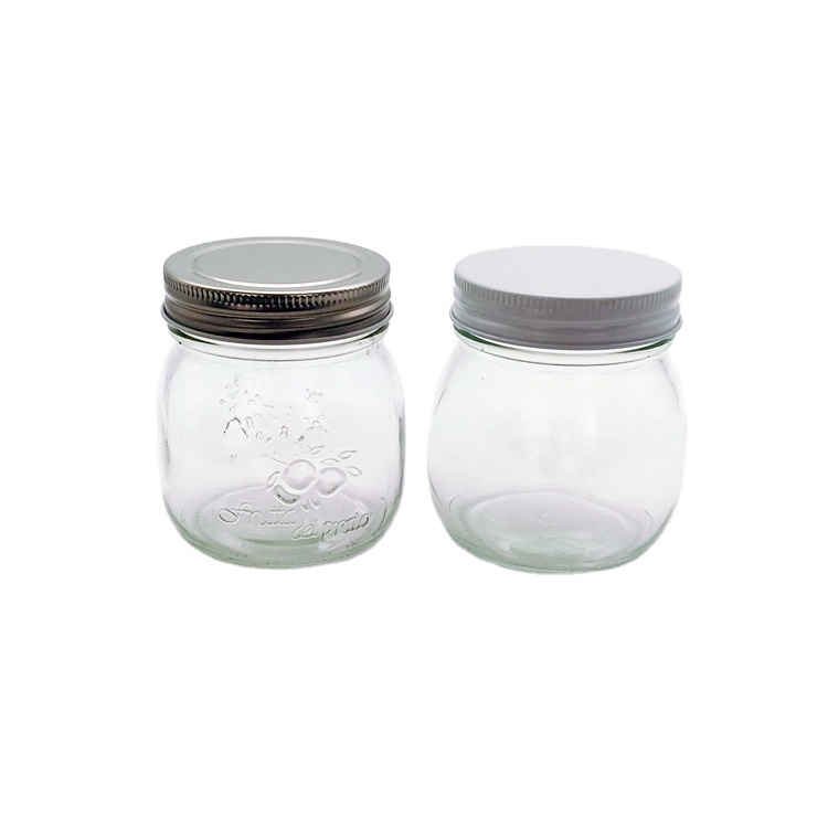 Food grade 300ml clear embossed glass jar with 70mm screw cap for peanut butter strawberry jam sauce