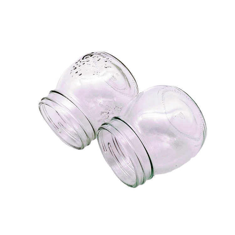 Food grade 300ml clear embossed glass jar with 70mm screw cap for peanut butter strawberry jam sauce