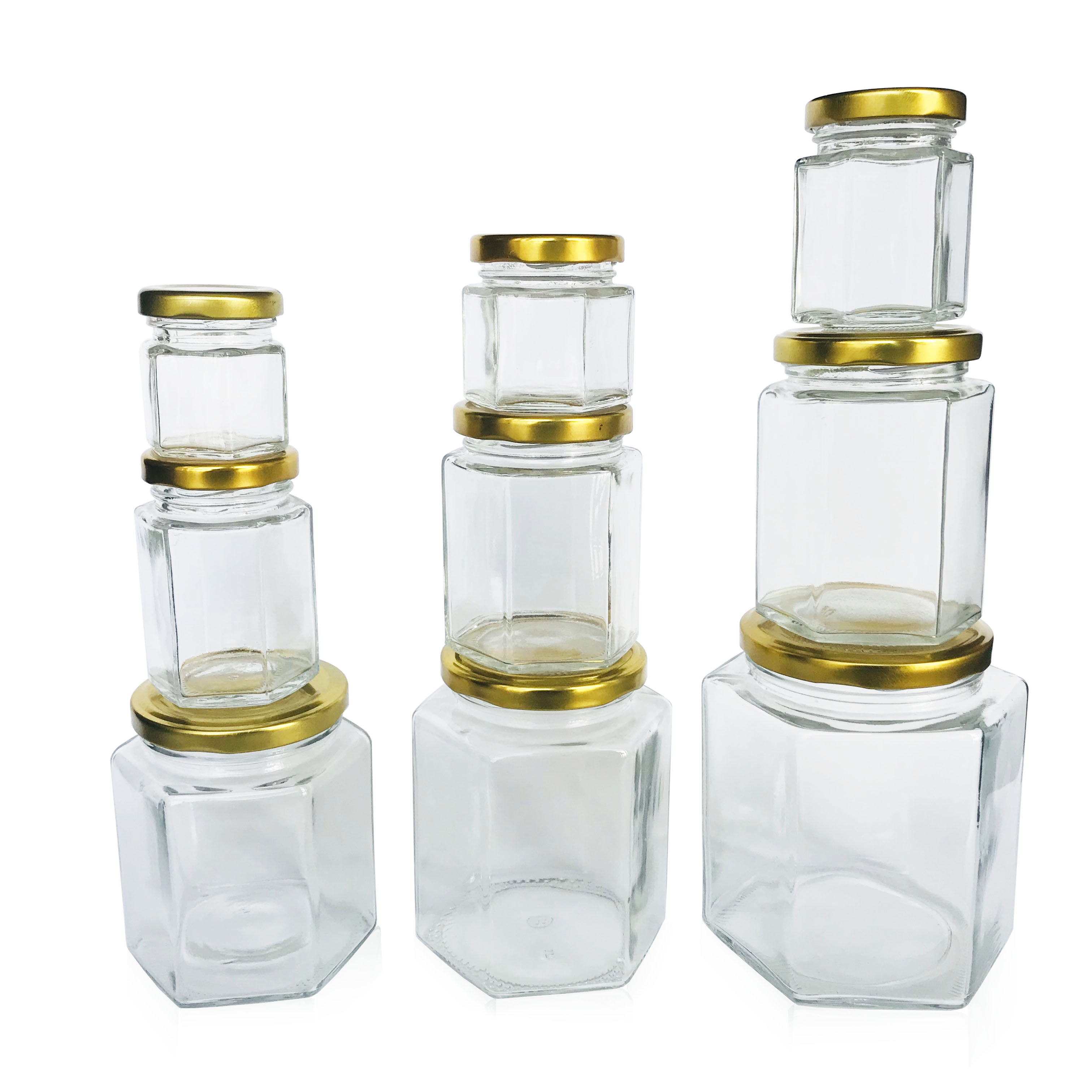 Food grade 45ml to 730ml clear hexagonal glass jar with metal lid for honey strawberry apricot jam