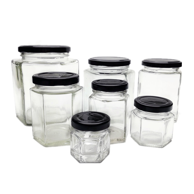 Food grade 45ml to 730ml clear hexagonal glass jar with metal lid for honey strawberry apricot jam