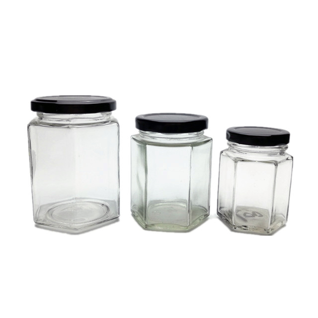 Food grade 45ml to 730ml clear hexagonal glass jar with metal lid for honey strawberry apricot jam