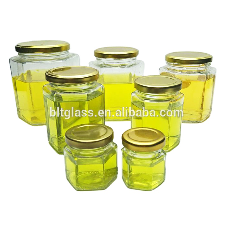Food grade 45ml to 730ml clear hexagonal glass jar with metal lid for honey strawberry apricot jam