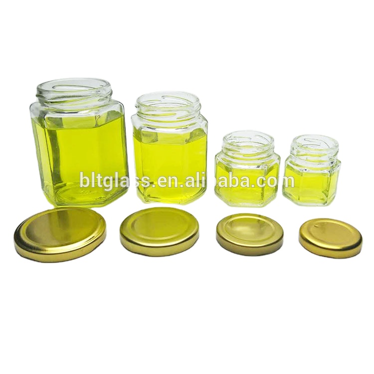 Food grade 45ml to 730ml clear hexagonal glass jar with metal lid for honey strawberry apricot jam