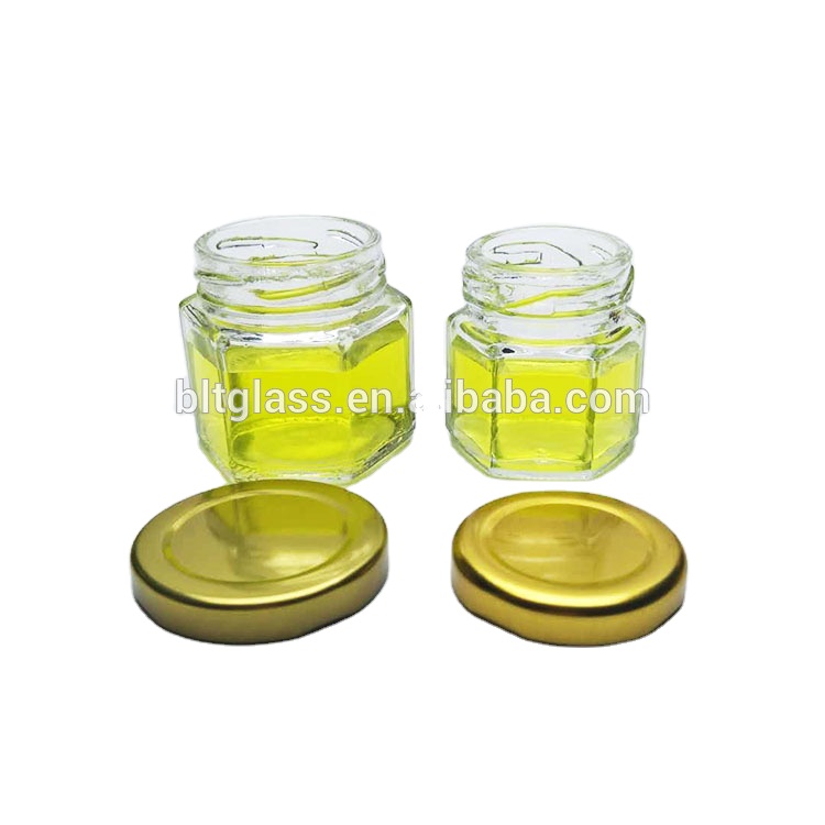 Food grade 45ml to 730ml clear hexagonal glass jar with metal lid for honey strawberry apricot jam