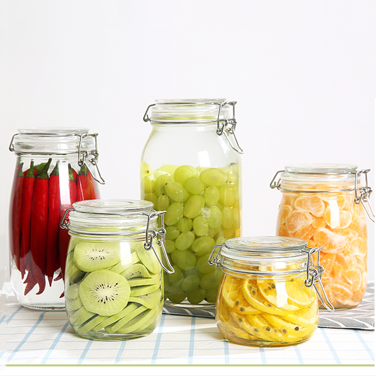 Food grade 500ml-3L round airtight glass storage jar with clip top lid