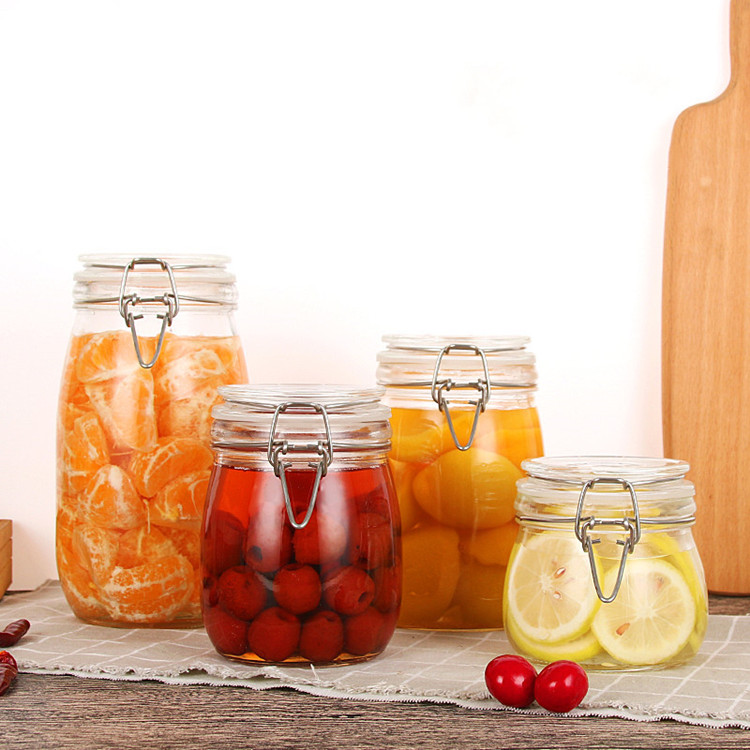 Food grade 500ml-3L round airtight glass storage jar with clip top lid