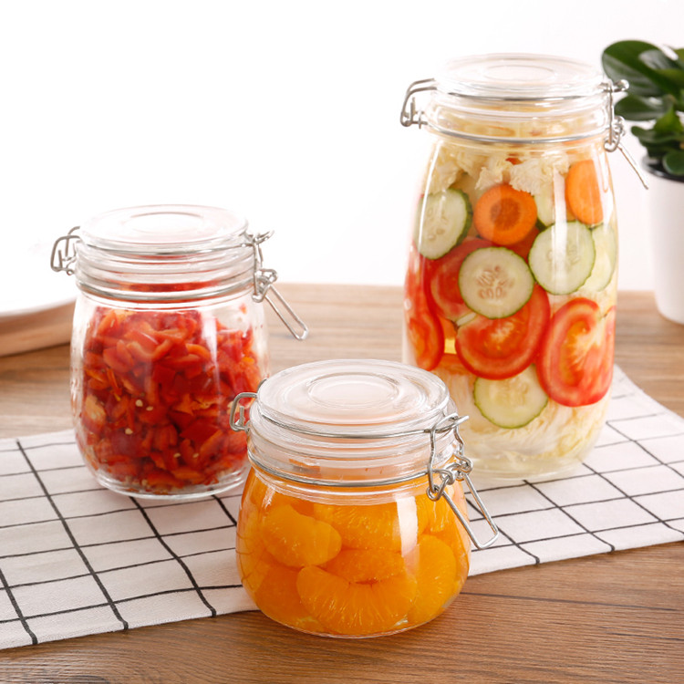 Food grade 500ml-3L round airtight glass storage jar with clip top lid