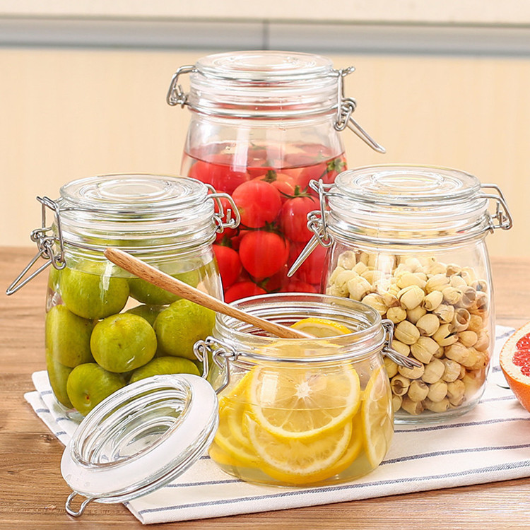 Food grade 500ml-3L round airtight glass storage jar with clip top lid