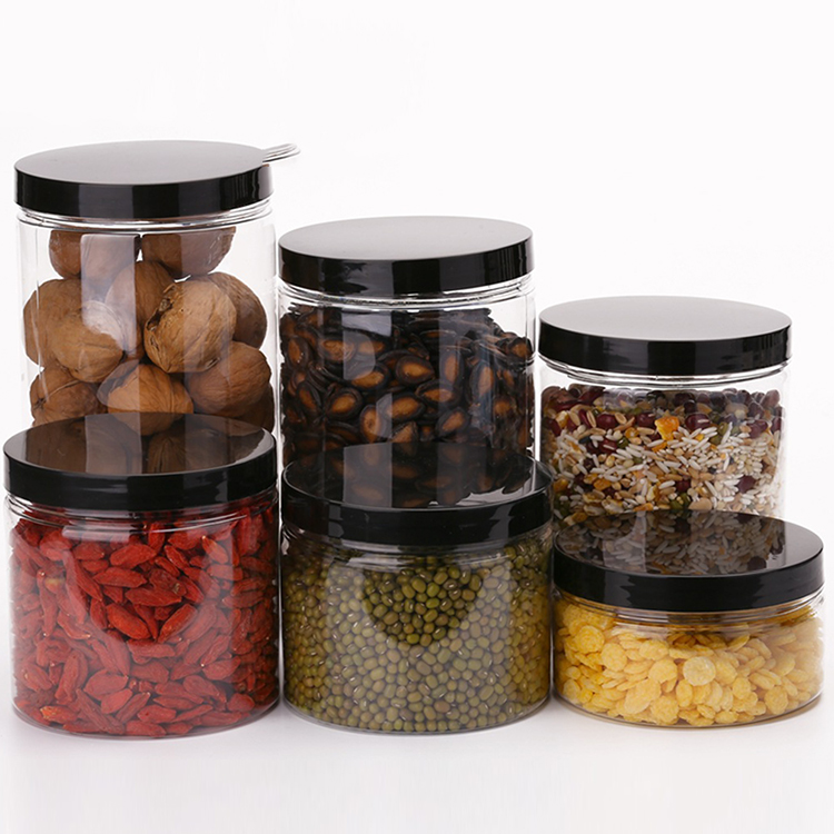Food grade 500ml 600ml 700ml 800ml 1000ml transparent plastic cosmetic pet jar black cap