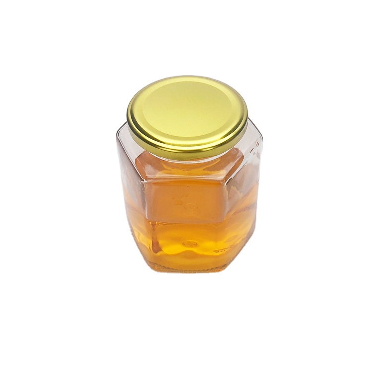 Food grade 500ml hexagon clear glass honey jar pickle jar with metal lid