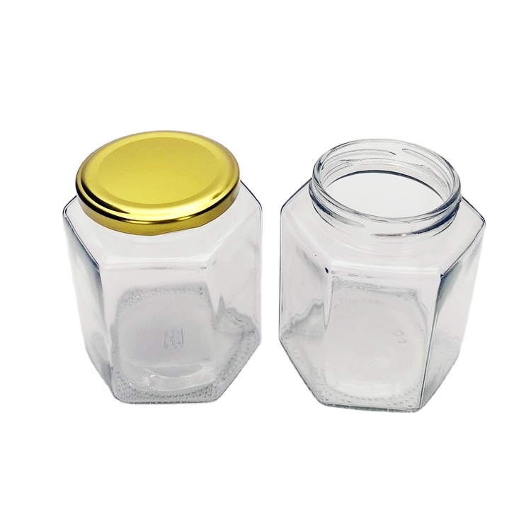 Food grade 500ml hexagon clear glass honey jar pickle jar with metal lid