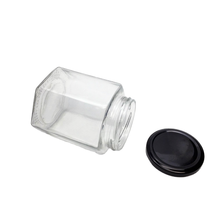 Food grade 500ml hexagon clear glass honey jar pickle jar with metal lid