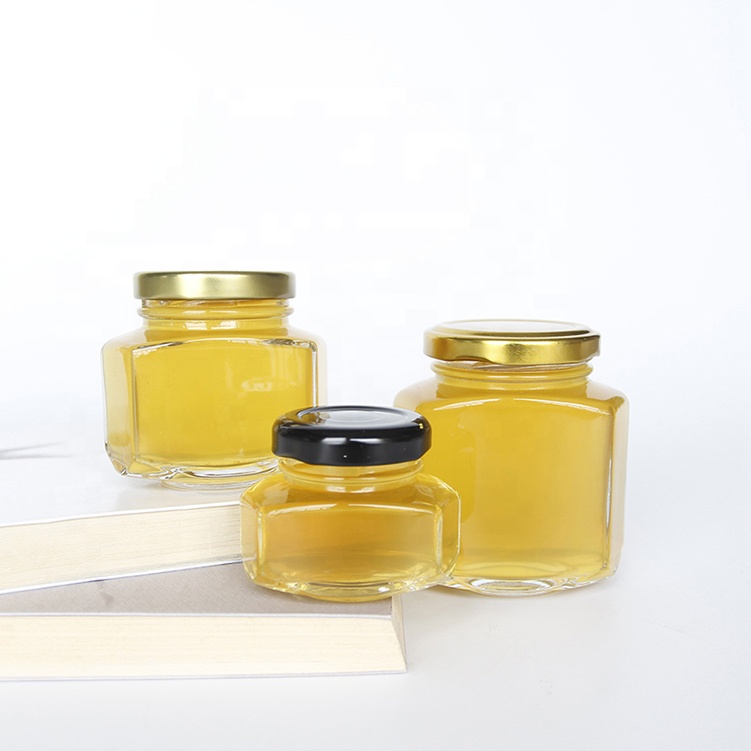 Food grade flat hexagon jam jelly canning honey bee packaging storage jar glass wholesale