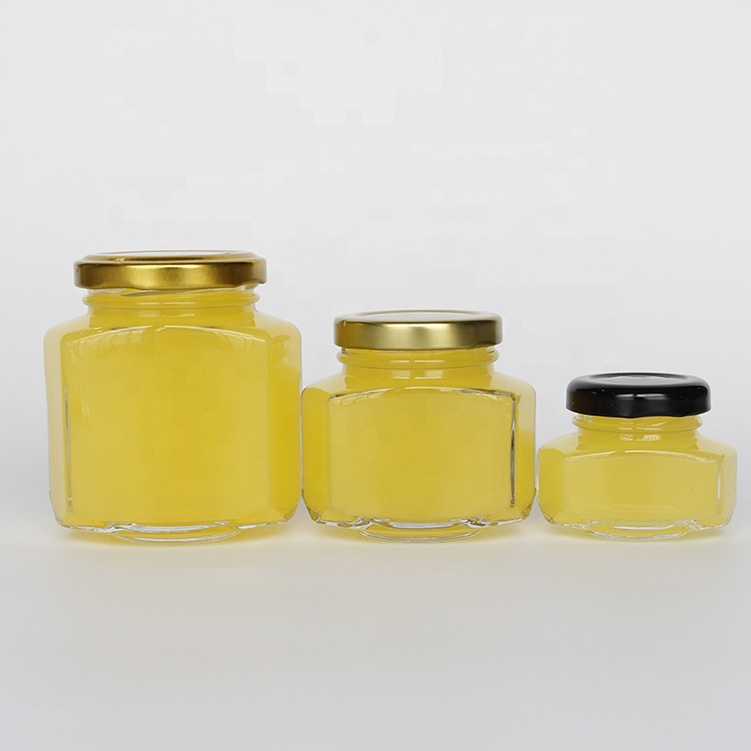 Food grade flat hexagon jam jelly canning honey bee packaging storage jar glass wholesale